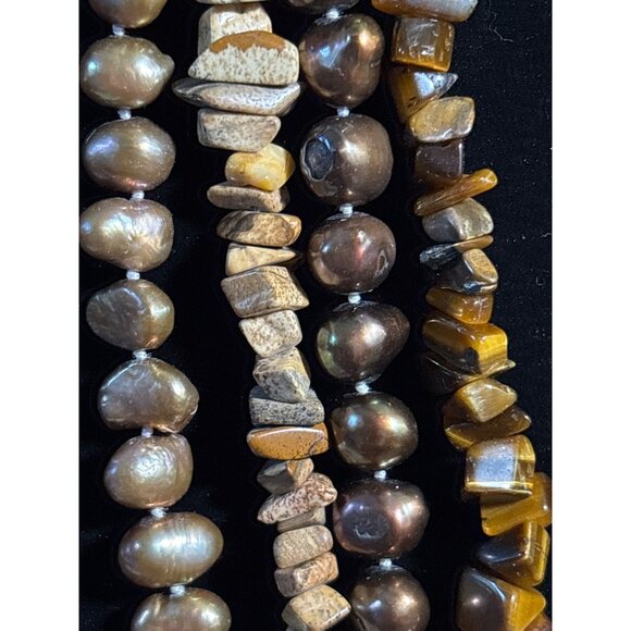 Multi-Strand 18" Sterling silver Necklace W/ Bronze Pearls Tigers Eye Jasper & C - Picture 3 of 12